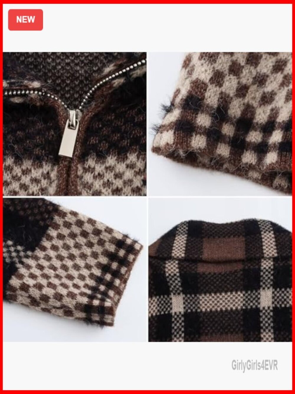 Vintage Checkered Cardigan Sweater Zip Up Knit Jacket Long Sleeve - Picture 6 of 7